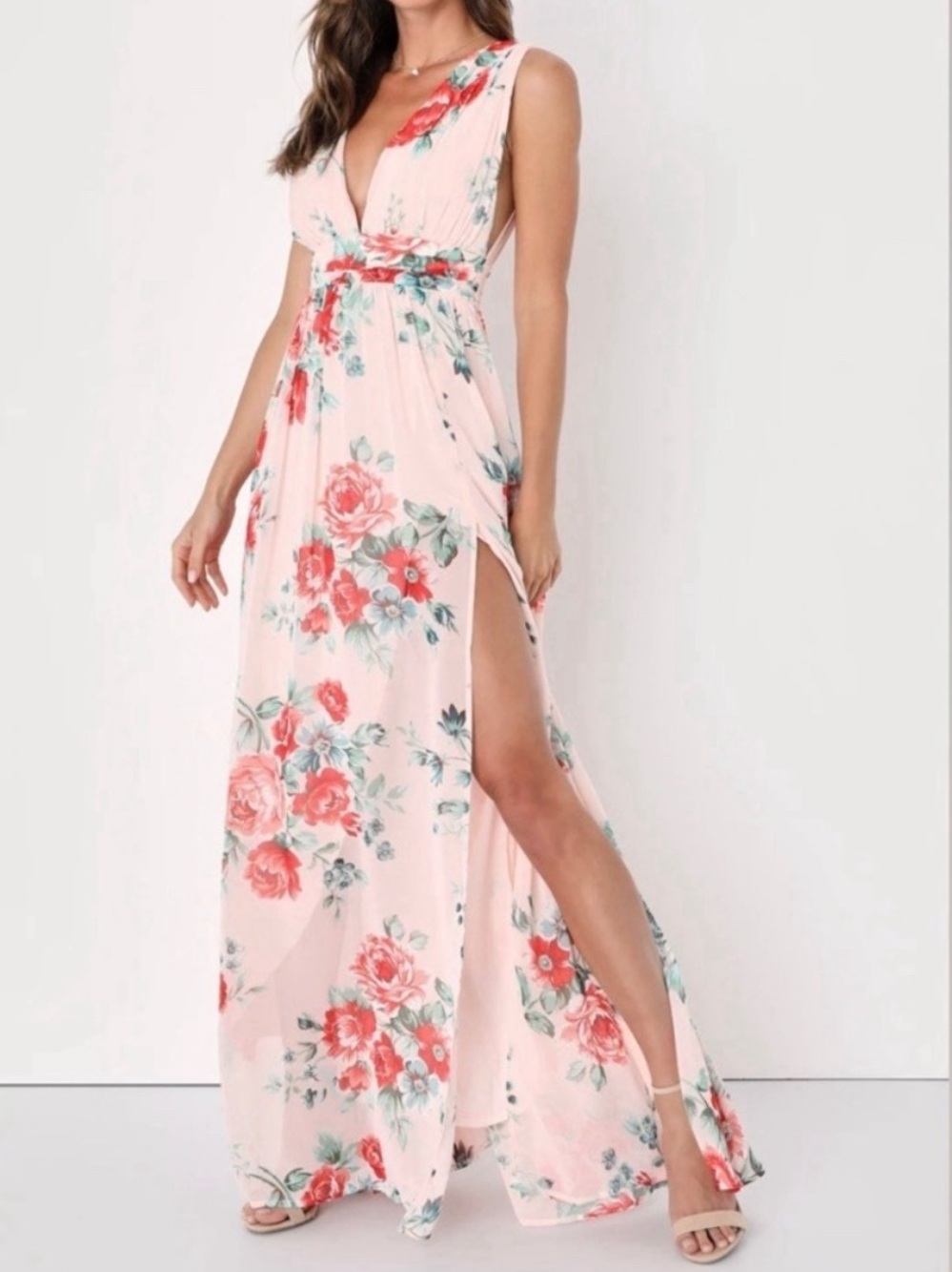 Lulus Garden Meandering Blush Floral Print Maxi Dress Medium